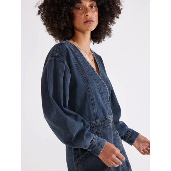 Etica Anthropologie The Mira‎ Denim Wrap Mini Dress Volume Sleeves Size SMALL - Picture 4 of 16